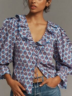 Maeve Blue and White Printed Ruffle Tie-Front Blouse